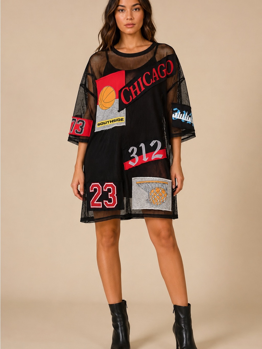 Black Graphic Mesh Mini Dress with Chicago Motif